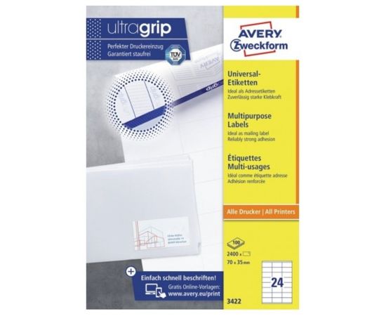  Этикетки Avery Zweckform 3422 A4 70x35мм 24шт на листе/70г/м2/100л./белый матовое самоклей. универсальная 
