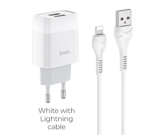  Блок питания сетевой 2 USB HOCO, C73A, Glorious, 2400mA, пластик, кабель Apple 8 pin, цвет: белый(1/30/180) 