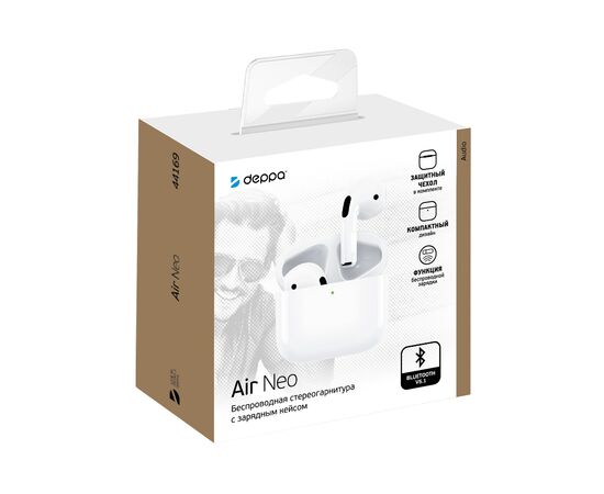 Беспроводные наушники с микрофоном Air Neo, TWS, BT 5.1, 300 мАч, QI, IPX4, белый, Deppa, 44169 