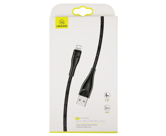  Дата-Кабель USAMS-SJ394 USB - Lightning (2 м) нейлоновая оплетка, черный (SJ394USB01) 