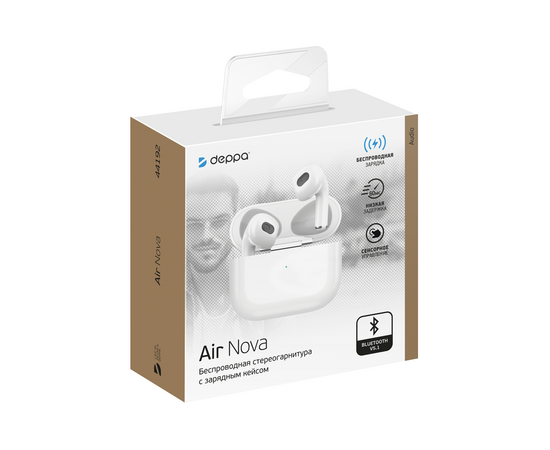  Беспроводные наушники с микрофоном Air Nova, TWS, BT 5.1, 300 мАч, QI, белый, Deppa, 44192 