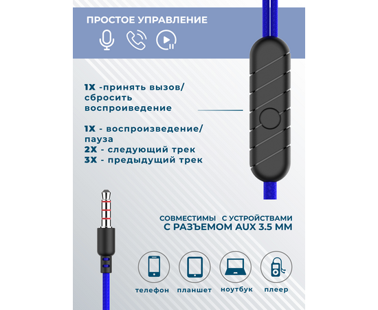  Наушники вакуумные AUX разъём с МК без рег.громкости длина 1.2м More Choice G36 (Dark Blue) 