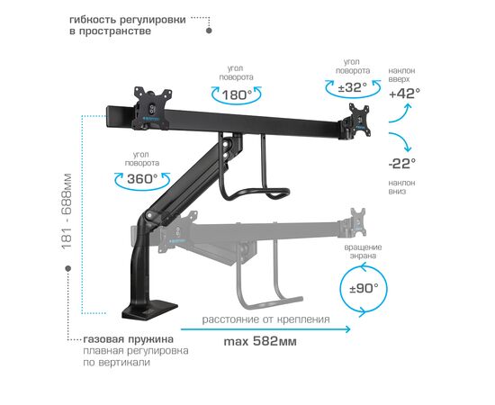  Кронштейн для мониторов Kromax Office-20 черный 17"-35" макс.10кг настольный поворот и наклон 