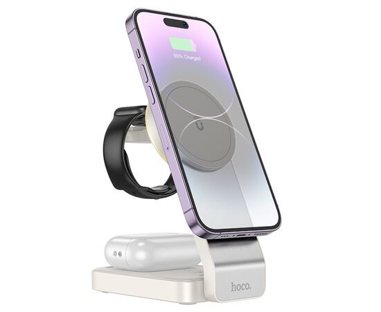  Беспроводное зарядное устройство HOCO CQ3 Motorcycle folding 3-in-1 для iPhone+Airpods+Apple Watch, 3A, 15W, белый 