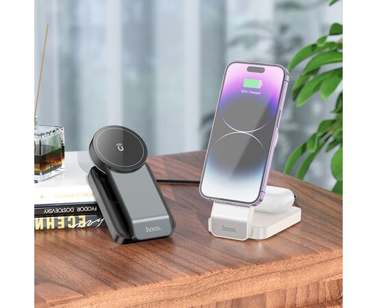  Беспроводное зарядное устройство HOCO CQ3 Motorcycle folding 3-in-1 для iPhone+Airpods+Apple Watch, 3A, 15W, белый 